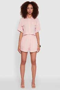 Womens Trendy Linen Flap Detail Button Front Cropped Shirt, Pink, Size XL