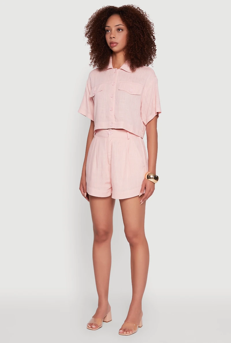 Womens Trendy Linen Flap Detail Button Front Cropped Shirt, Pink, Size XL