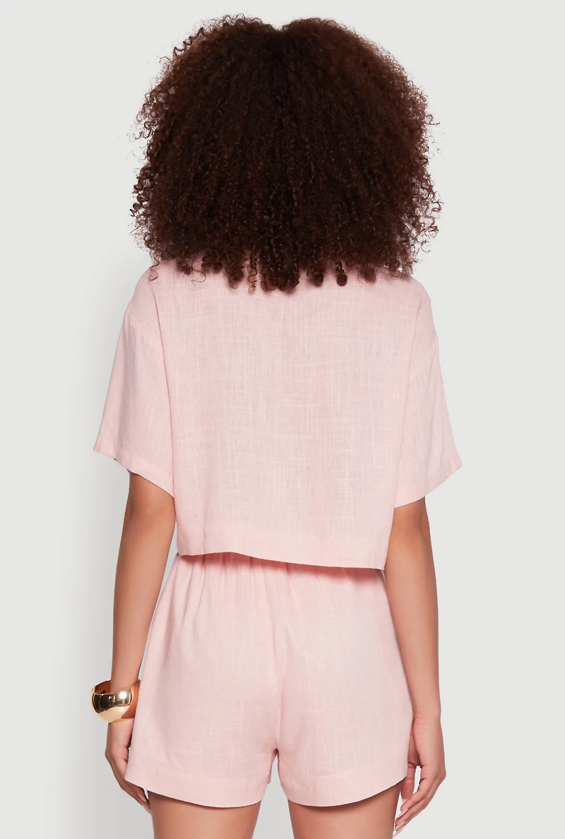 Womens Trendy Linen Flap Detail Button Front Cropped Shirt, Pink, Size XL