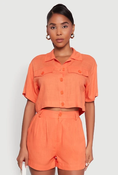 Womens Trendy Linen Flap Detail Button Front Cropped Shirt, M