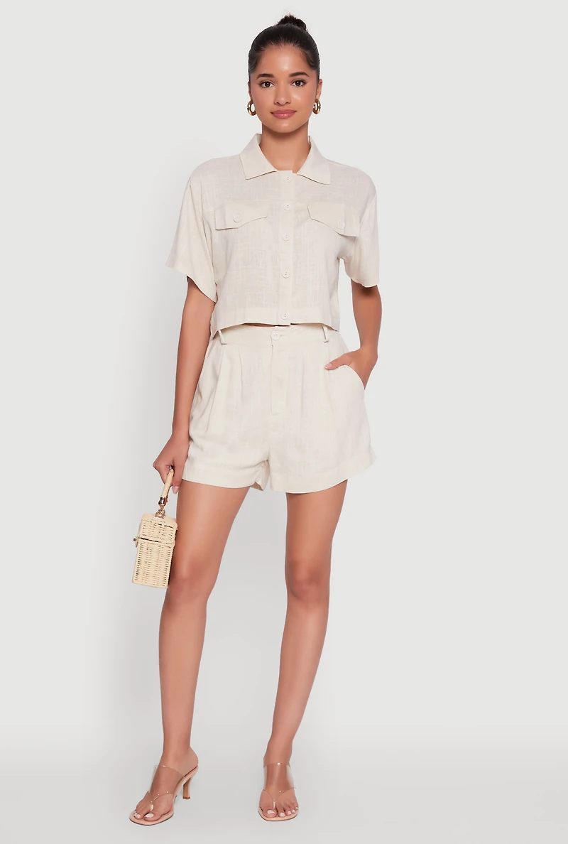 Womens Trendy Linen High Waisted Pleated Shorts, Khaki,