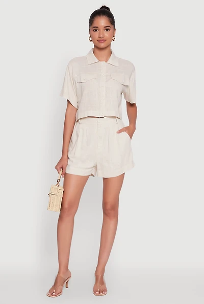 Womens Trendy Linen High Waisted Pleated Shorts, Khaki,