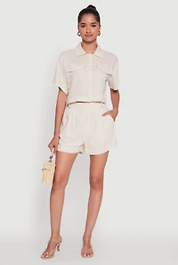 Womens Trendy Linen High Waisted Pleated Shorts, Khaki,