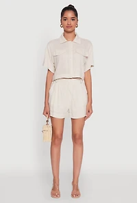 Womens Trendy Linen High Waisted Pleated Shorts, Khaki,