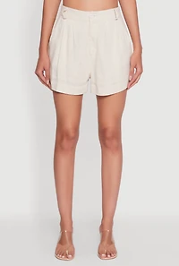 Womens Trendy Linen High Waisted Pleated Shorts, Khaki,