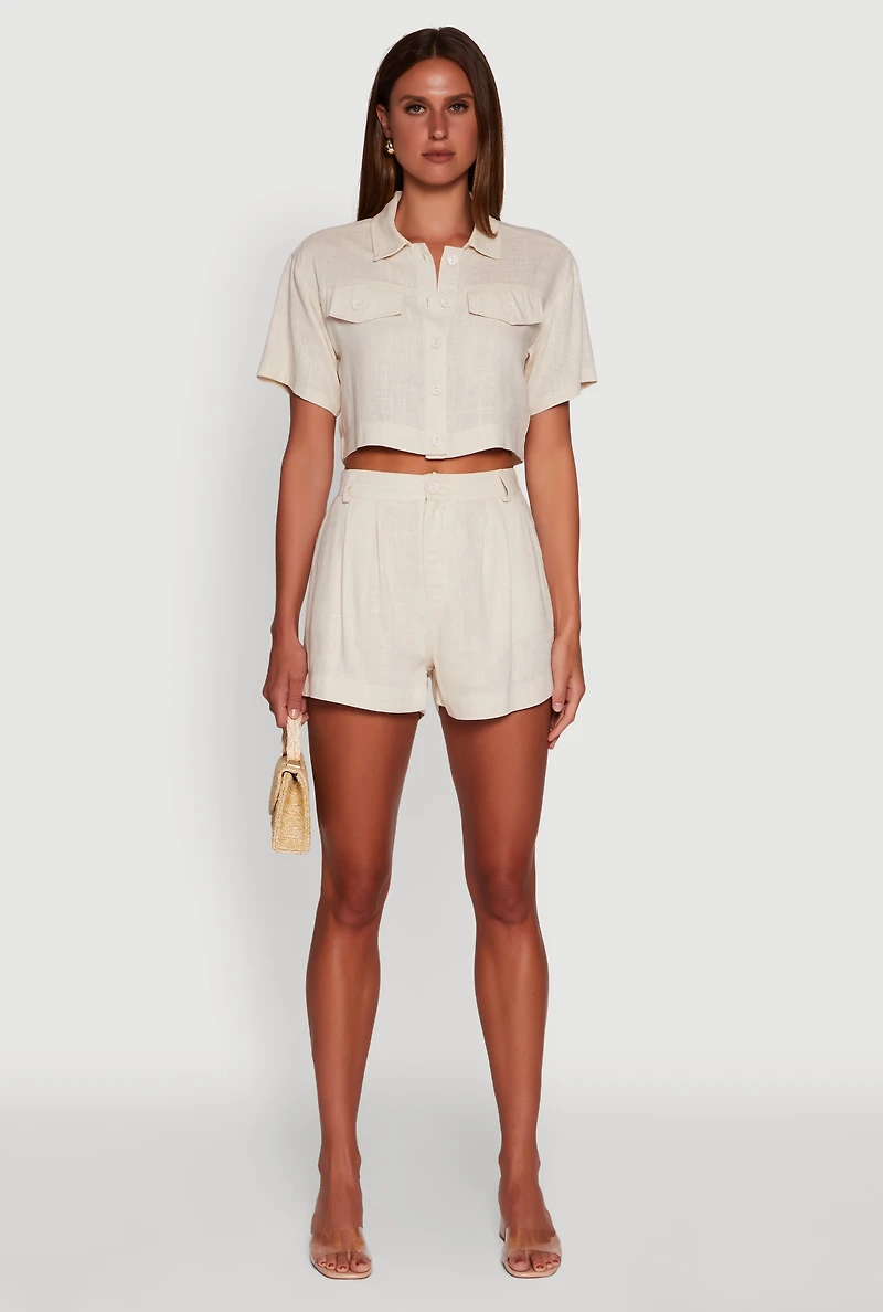 Womens Trendy Linen High Waisted Pleated Shorts, Khaki, Size S