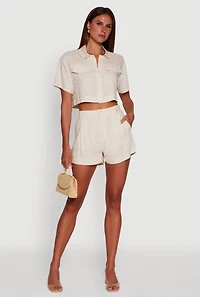 Womens Trendy Linen High Waisted Pleated Shorts, Khaki, Size S