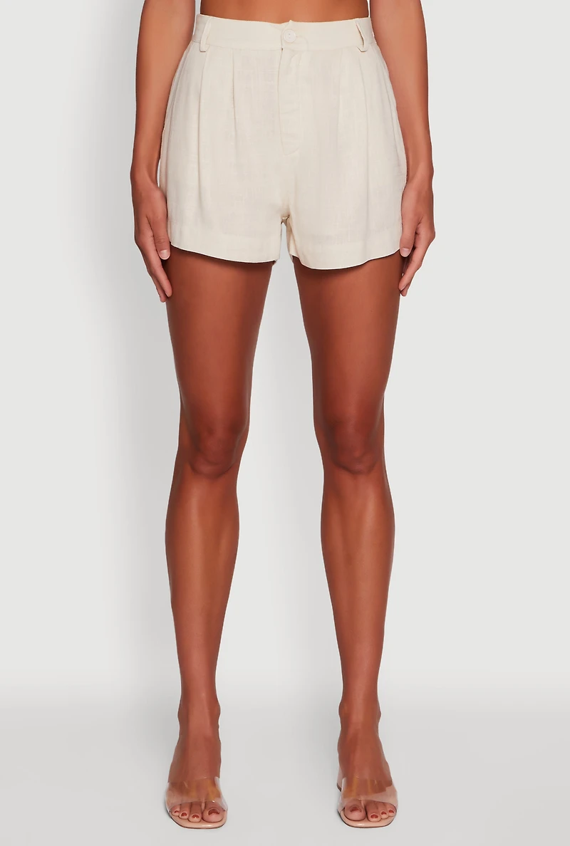 Womens Trendy Linen High Waisted Pleated Shorts, Khaki, Size S
