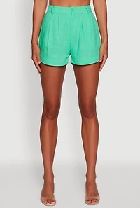 Womens Trendy Linen High Waisted Pleated Shorts, Green, Size L