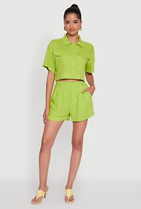 Womens Trendy Linen High Waisted Pleated Shorts, Green,