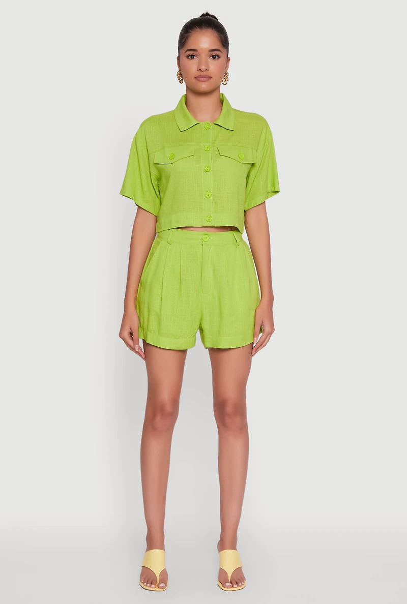 Womens Trendy Linen High Waisted Pleated Shorts, Green,