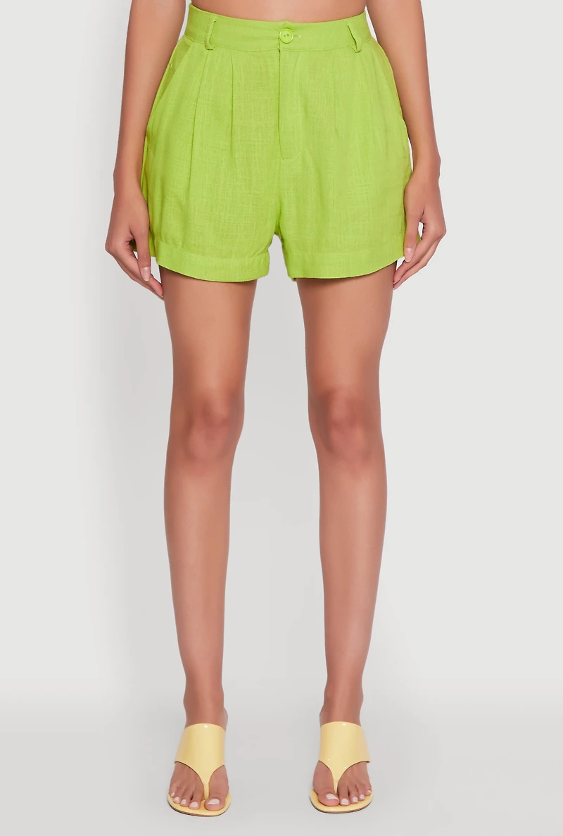 Trendy Linen High Waisted Pleated Shorts