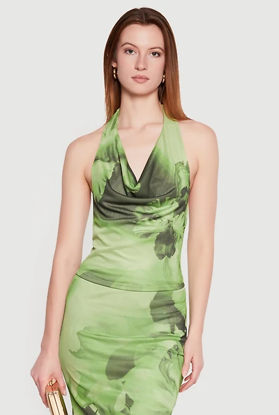 Floral Mesh Cowl Neck Halter Top