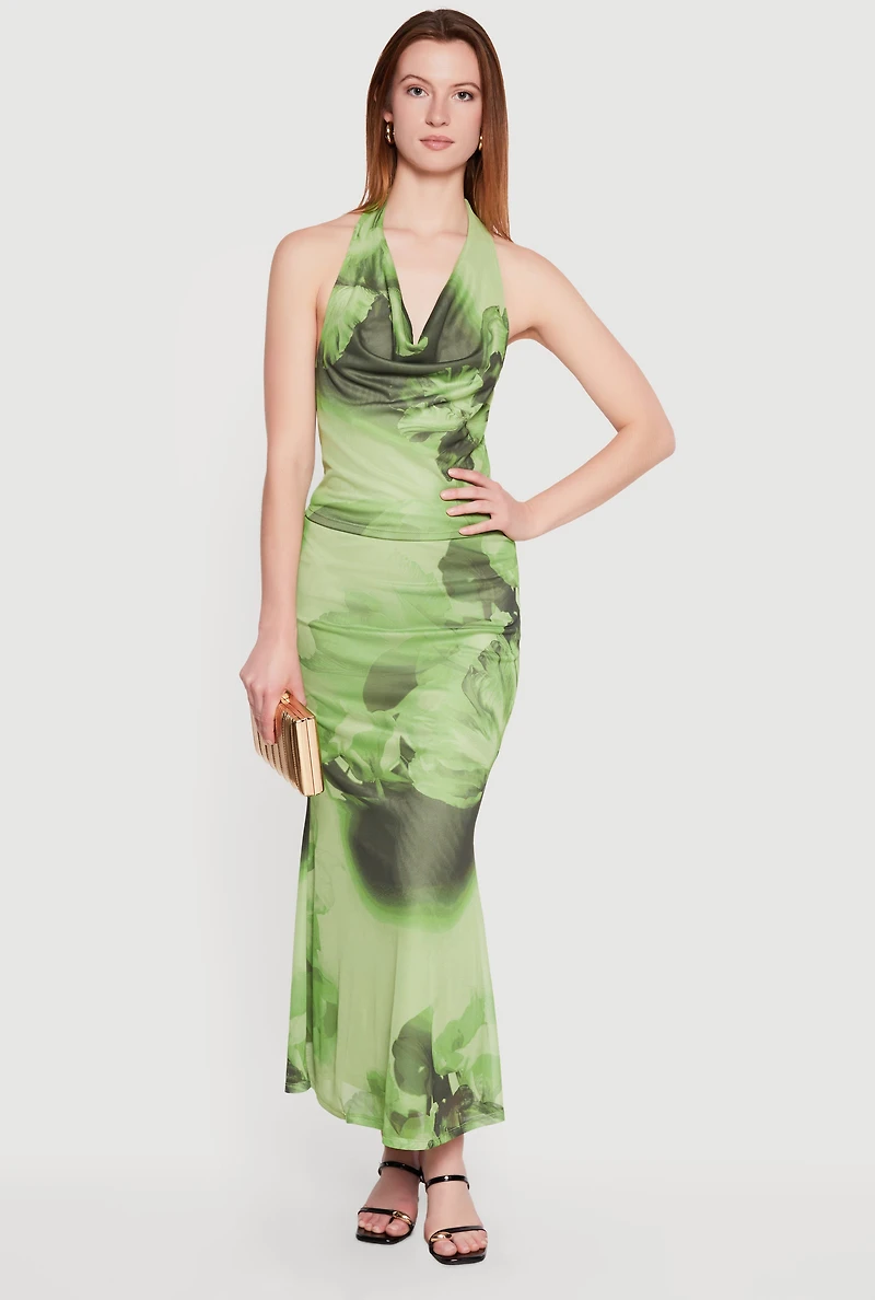 Floral Mesh Cowl Neck Halter Top