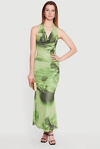 Floral Mesh Cowl Neck Halter Top