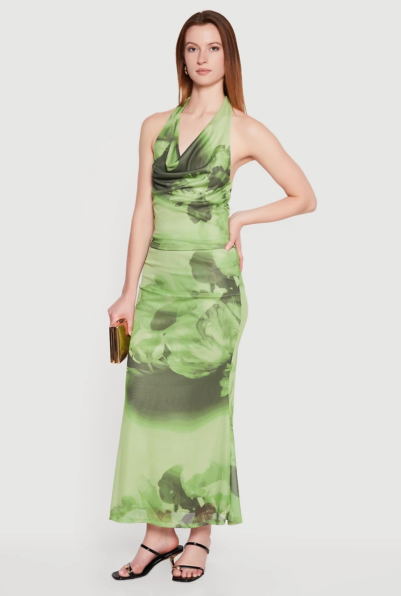 Floral Mesh Cowl Neck Halter Top