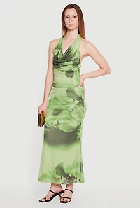 Floral Mesh Cowl Neck Halter Top