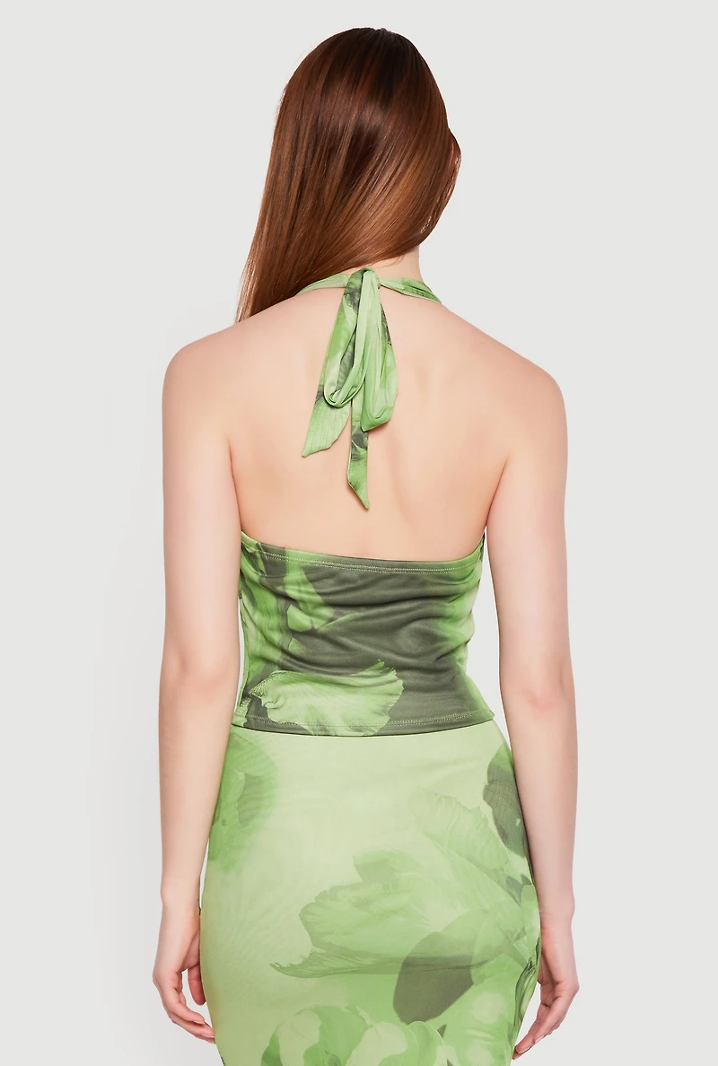 Floral Mesh Cowl Neck Halter Top