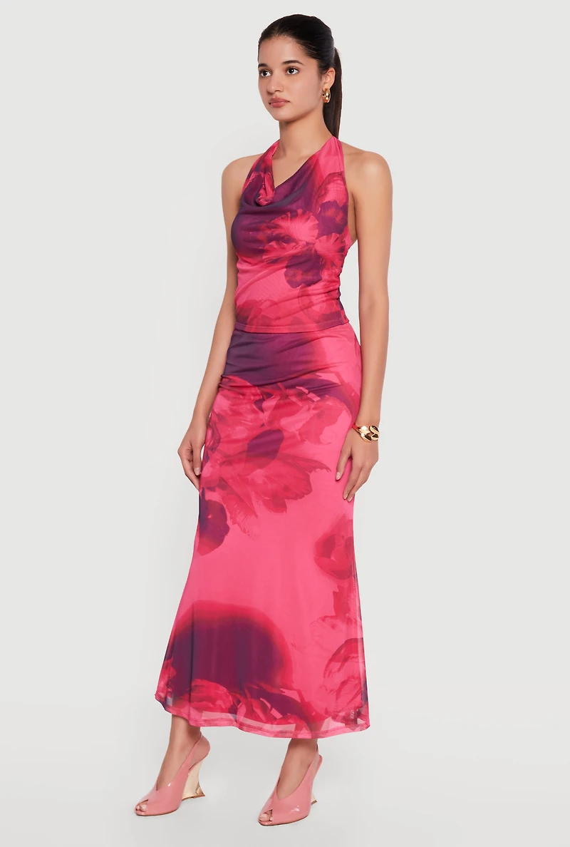 Floral Mesh Maxi Mermaid Skirt