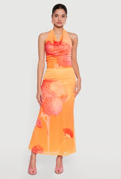 Floral Mesh Maxi Mermaid Skirt