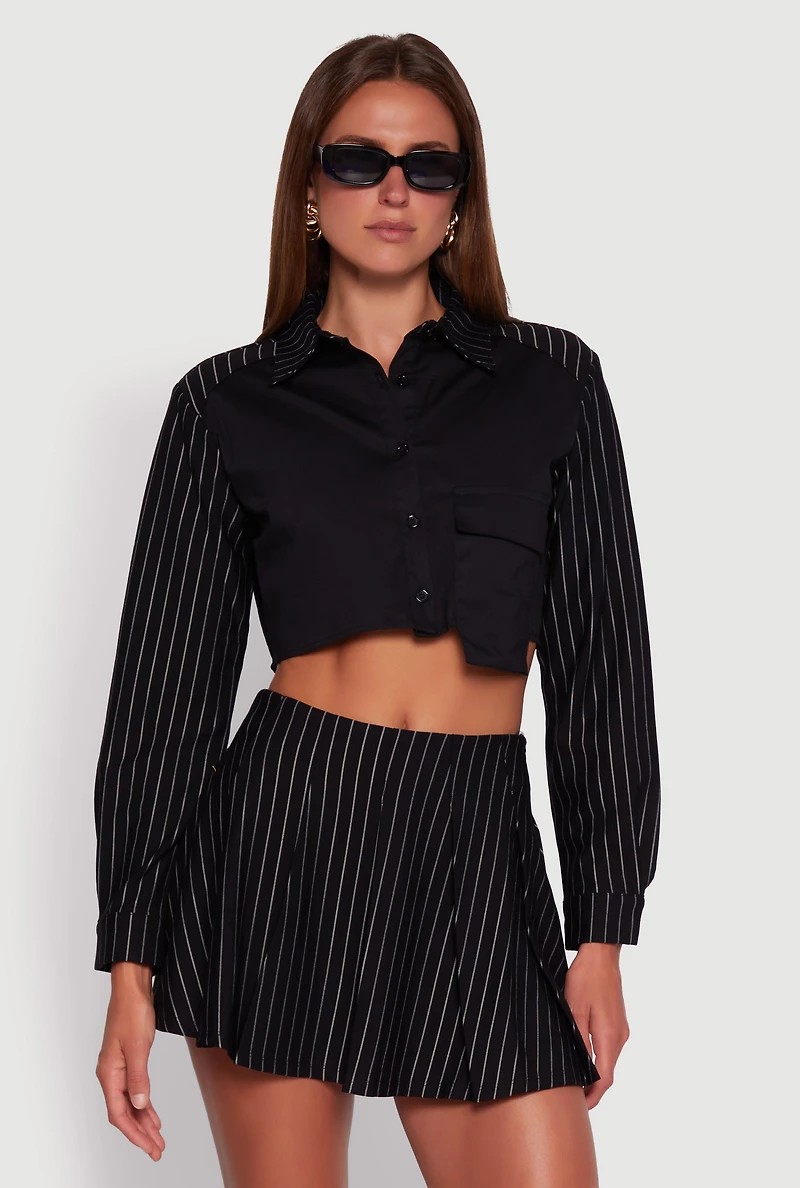 Womens Trendy Pinstripe Detail Cropped Shirt with Flap Pocket,