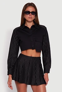 Trendy Pinstripe Detail Cropped Shirt with Flap Pocket