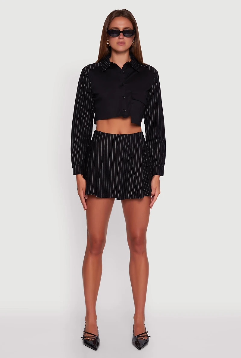 Trendy Pinstripe Detail Cropped Shirt with Flap Pocket