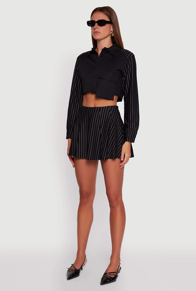 Trendy Pinstripe Detail Cropped Shirt with Flap Pocket
