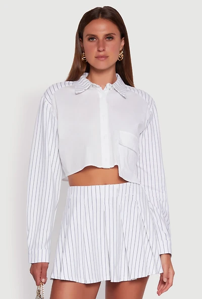 Womens Trendy Pinstripe Detail Cropped Shirt with Flap Pocket, White, Size XL