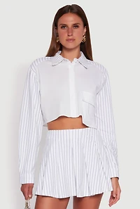 Womens Trendy Pinstripe Detail Cropped Shirt with Flap Pocket, White, Size XL