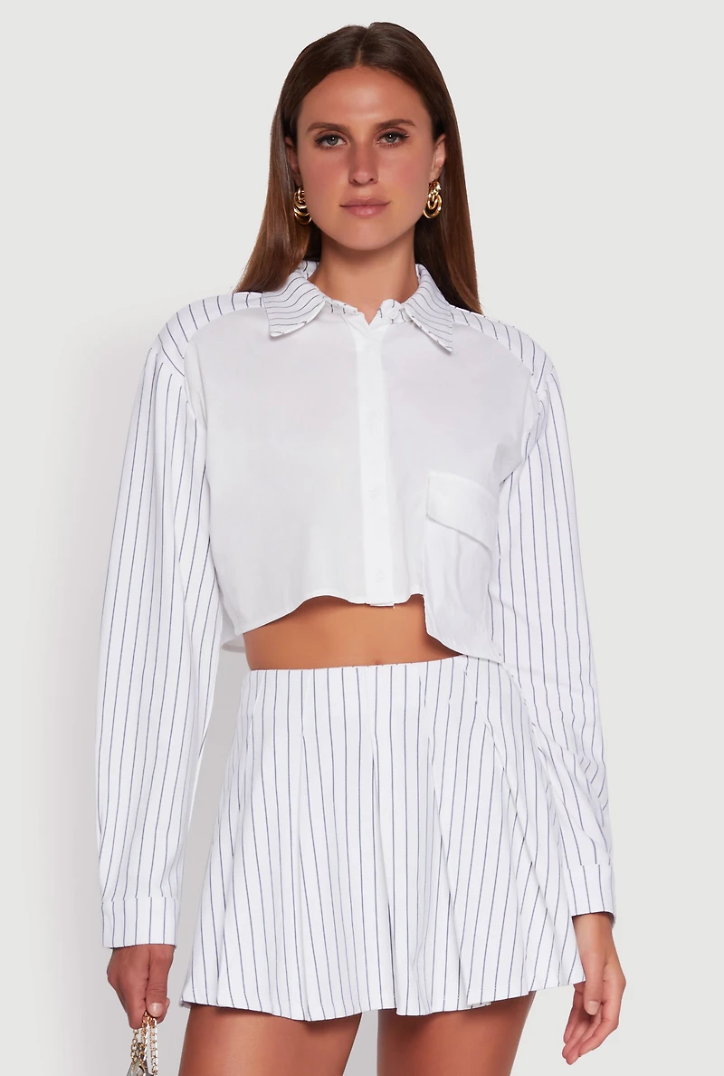 Trendy Pinstripe Detail Cropped Shirt with Flap Pocket