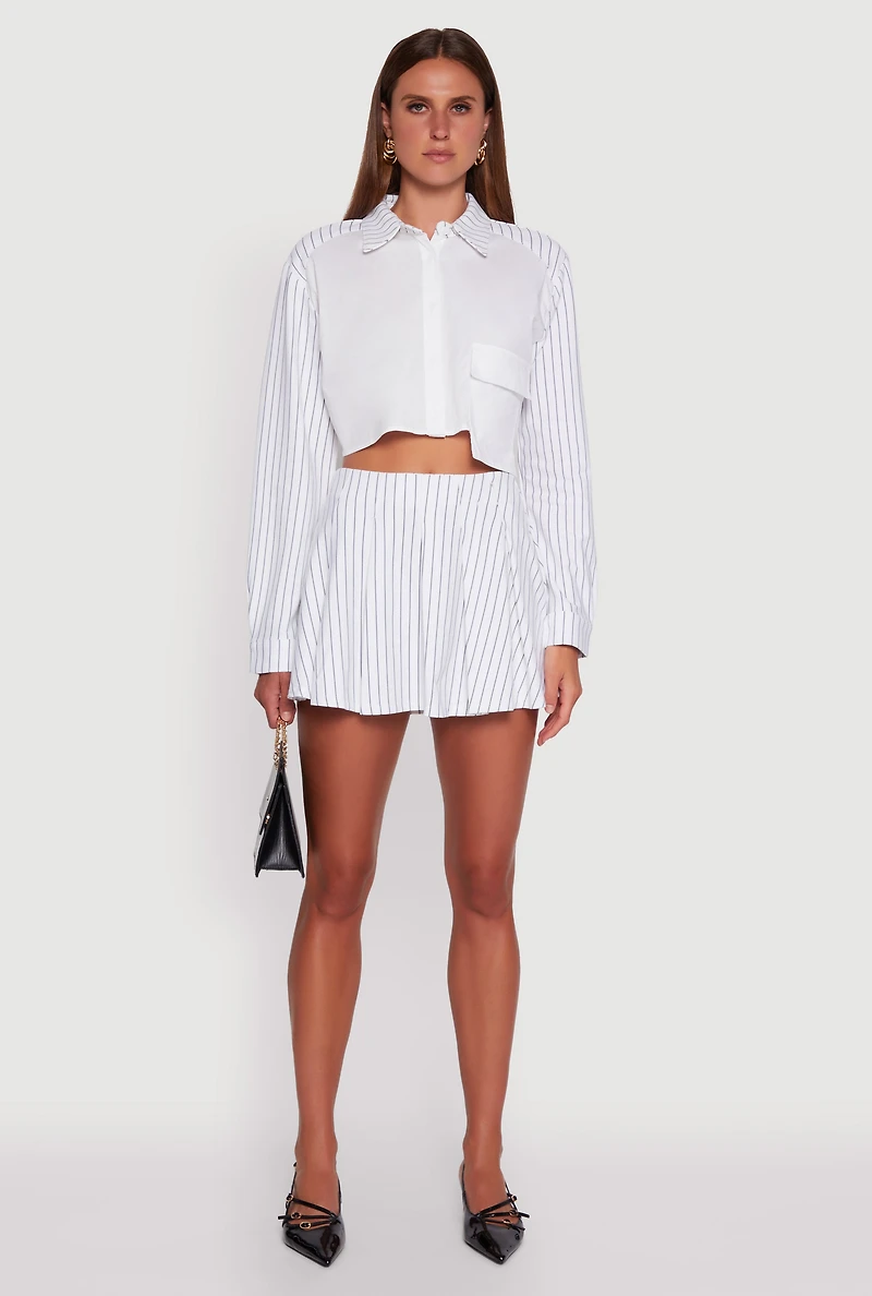 Womens Trendy Pinstripe Detail Cropped Shirt with Flap Pocket, White, Size XL