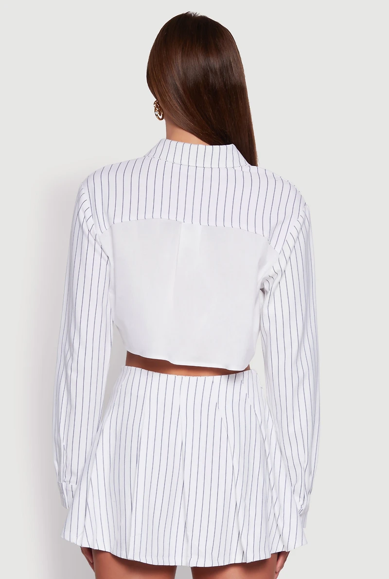 Womens Trendy Pinstripe Detail Cropped Shirt with Flap Pocket, White, Size XL