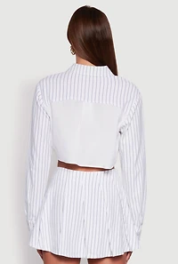Womens Trendy Pinstripe Detail Cropped Shirt with Flap Pocket, White, Size M