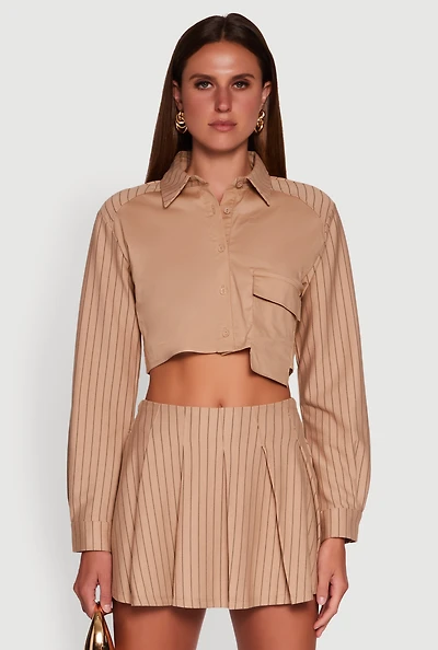Womens Trendy Pinstripe Detail Cropped Shirt with Flap Pocket,