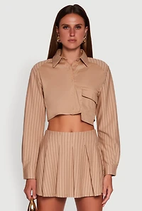 Womens Trendy Pinstripe Detail Cropped Shirt with Flap Pocket, Beige, Size L