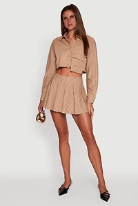 Womens Trendy Pinstripe Detail Cropped Shirt with Flap Pocket, Beige,