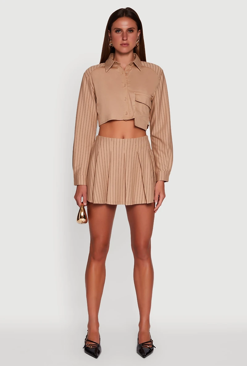 Womens Trendy Pinstripe Detail Cropped Shirt with Flap Pocket, Beige, Size L