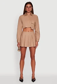 Womens Trendy Pinstripe Detail Cropped Shirt with Flap Pocket, Beige, Size L