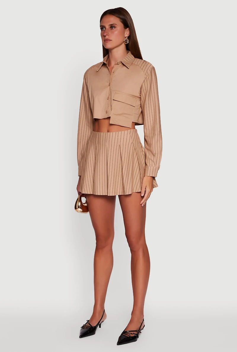 Womens Trendy Pinstripe Detail Cropped Shirt with Flap Pocket,