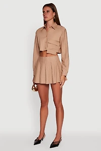 Womens Trendy Pinstripe Detail Cropped Shirt with Flap Pocket, Beige,