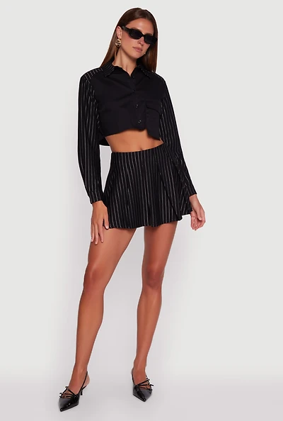 Womens Trendy High Waisted Pinstripe Pleated Mini Skirt,
