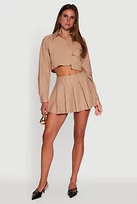 Womens Trendy High Waisted Pinstripe Pleated Mini Skirt, Khaki, Size S