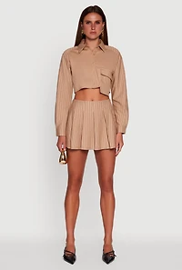 Womens Trendy High Waisted Pinstripe Pleated Mini Skirt, Khaki, Size S