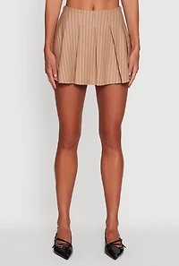 Womens Trendy High Waisted Pinstripe Pleated Mini Skirt, Khaki, Size S