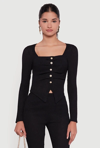 Womens Faux Button Long Sleeve Textured Knit Blouse,