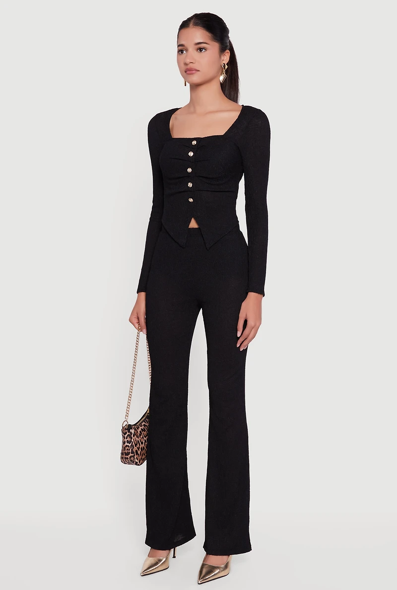 Faux Button Long Sleeve Textured Knit Blouse