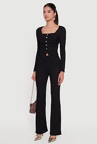 Faux Button Long Sleeve Textured Knit Blouse
