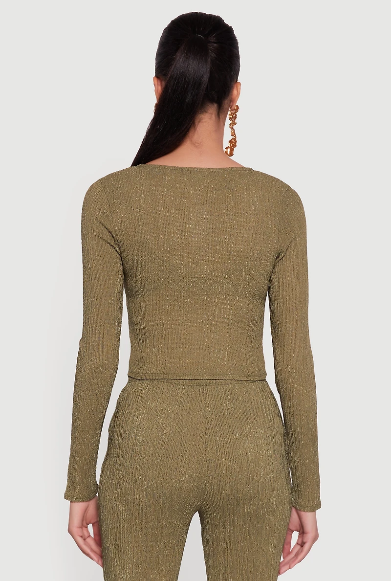 Faux Button Long Sleeve Textured Knit Blouse