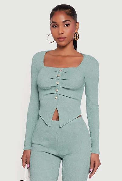 Faux Button Long Sleeve Textured Knit Blouse